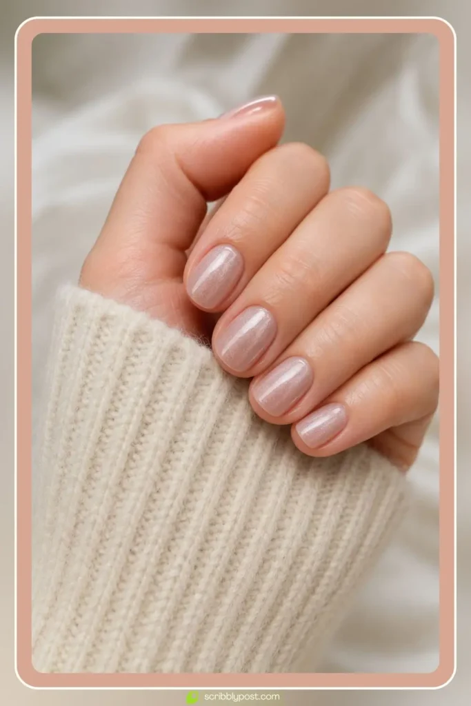 Short velvet nails with sheer plush shimmer on natural length