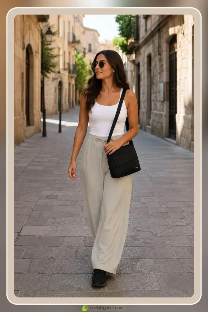 Casual sightseeing outfit with comfortable walking pieces