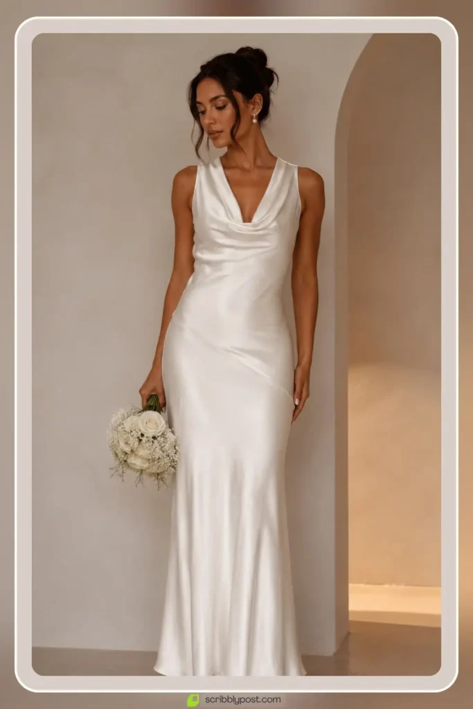 Silk cowl neck wedding dress with fluid draped front