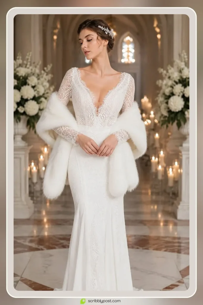 Silk long sleeve wedding dress for winter ceremony