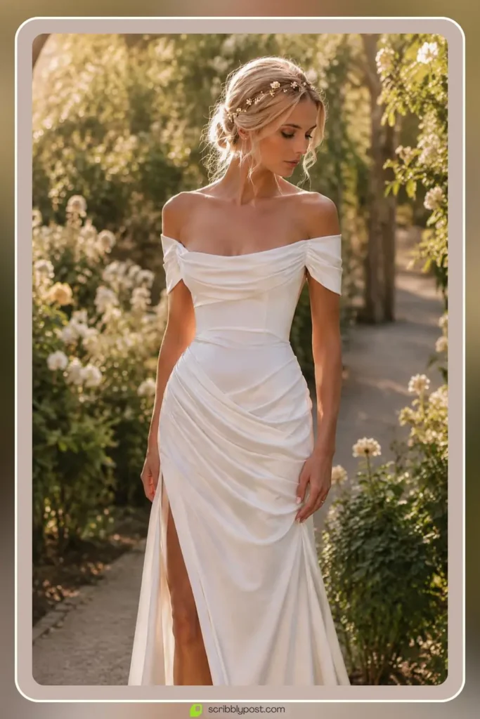 Silk off shoulder wedding dress with soft draped neckline