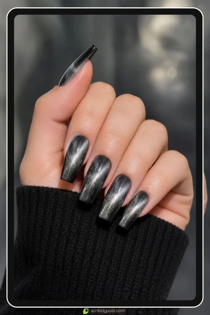Silver and black cat eye nails mixed into smoky shimmer effect