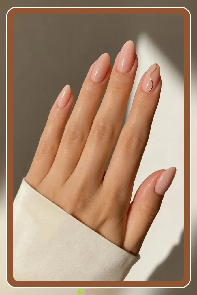 Clean nude polish on tapered almond nails, Simple Almond Nail Designs, elegant minimal manicure