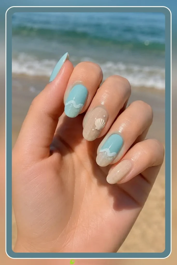 Soft aqua base with a small wave line detail, Simple Beach Nail Designs, coastal manicure