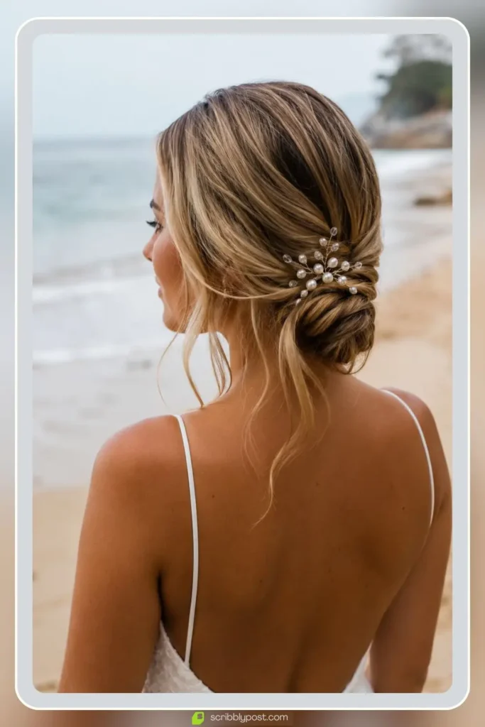 Simple beach wedding hairstyle with low twist and pearl bridal hair clip