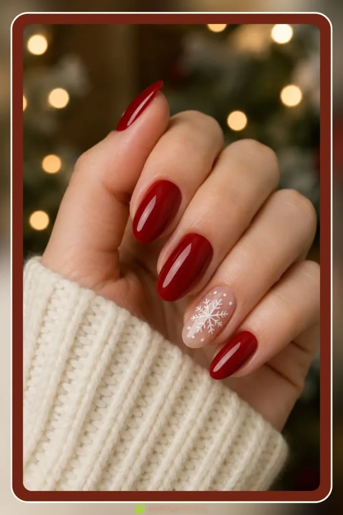 Red base with a white dotted snowflake accent, Simple Christmas Nail Designs, holiday manicure