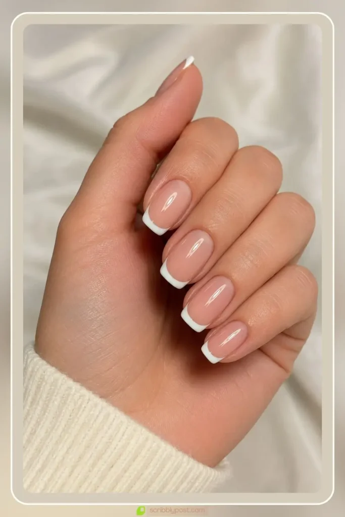 Clean white micro tip over a nude base, Simple French Nail Designs, classic manicure for work