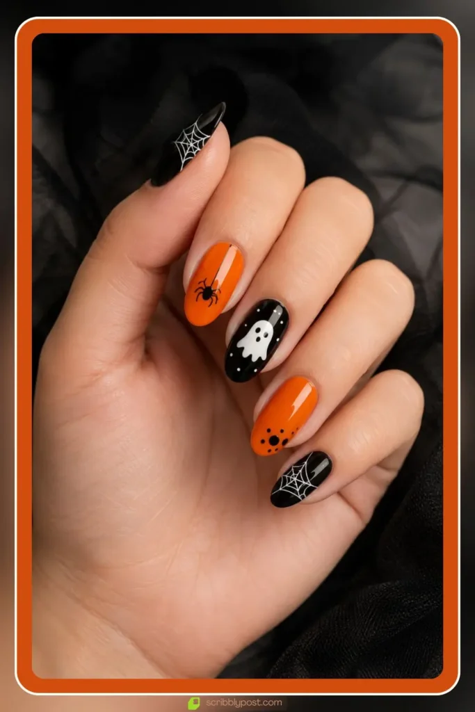 Black base with a white dotted ghost accent, Simple Halloween Nail Designs, festive manicure