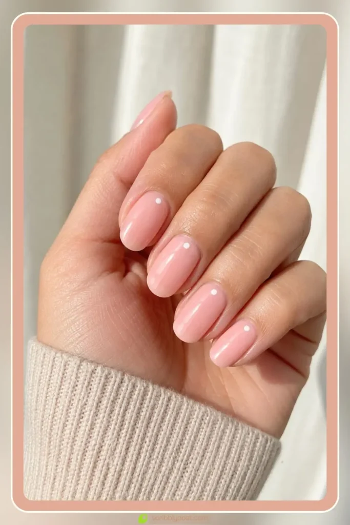 Soft pink wash with a small white dot accent, Simple Pink Nail Designs, everyday manicure
