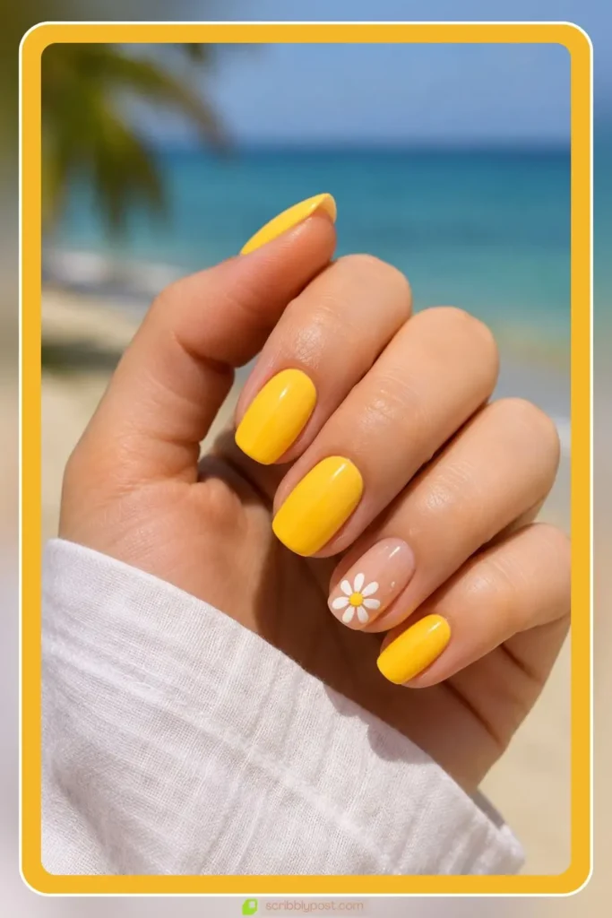 Bright coral base with a tiny daisy accent, Simple Summer Nail Designs, vacation manicure