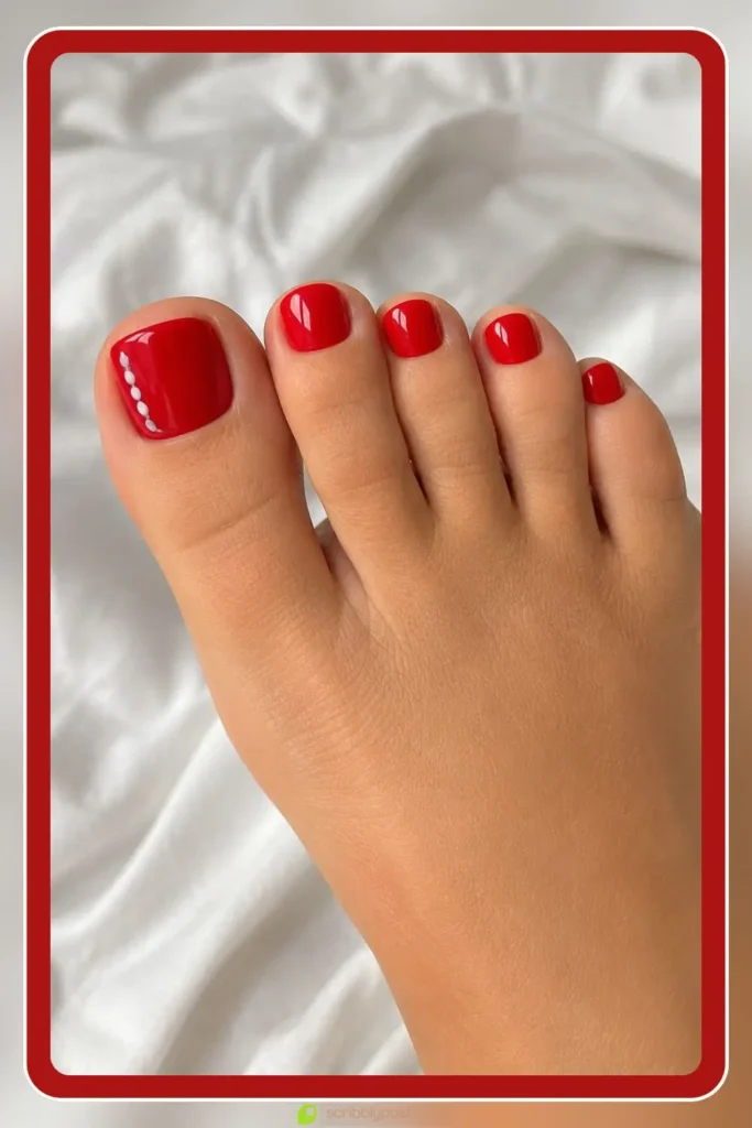 Bold red polish with a small dot accent on the big toe, Simple Toe Nail Designs, clean pedicure