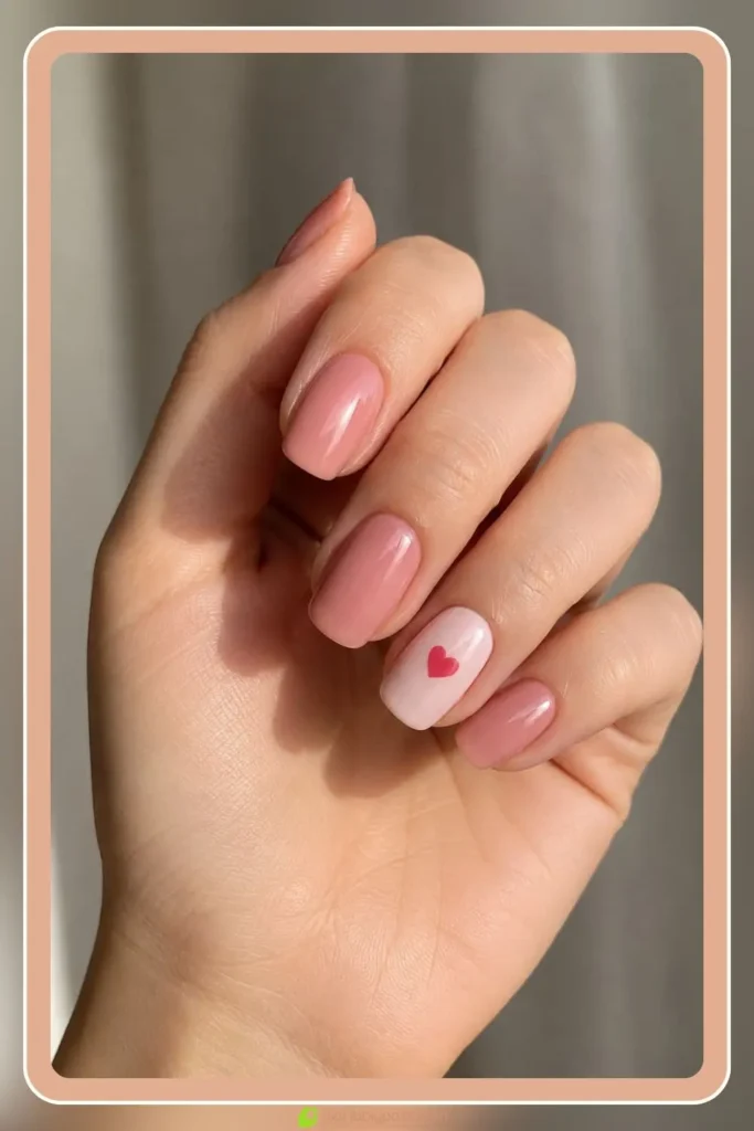 Pink base with a tiny heart on the accent nail, Simple Valentines Nail Designs, date night manicure
