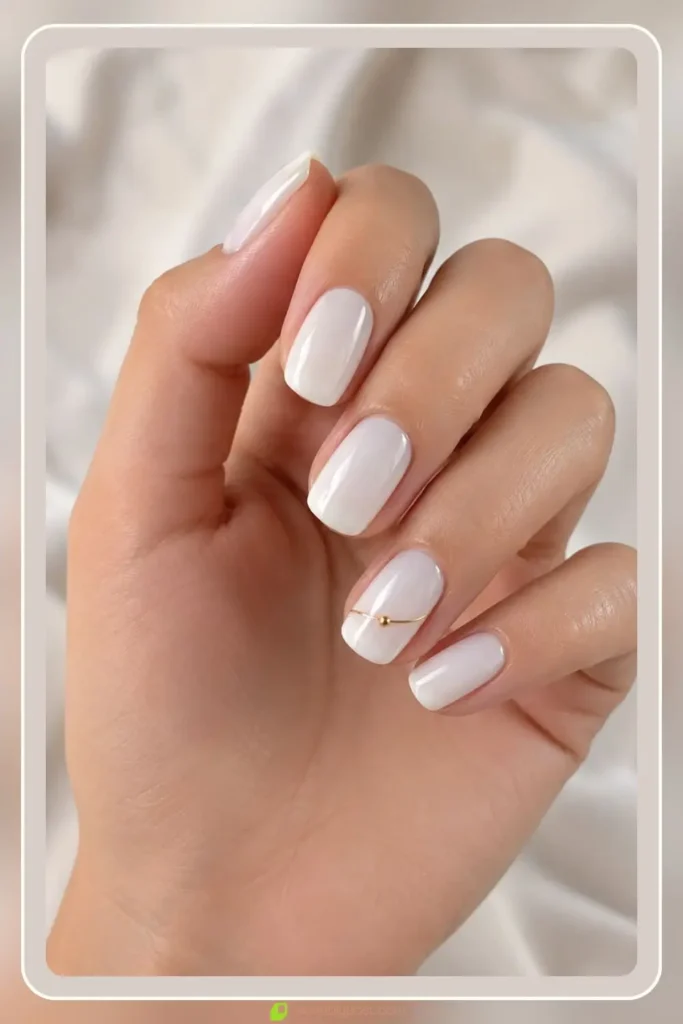Milky white base with a tiny gold detail, Simple White Nail Designs, clean everyday manicure