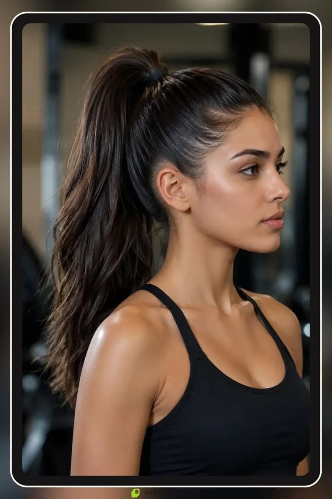High ponytail brushed up to the crown with a gelled hairline, Sleek High Ponytail, athletic sporty hairstyle