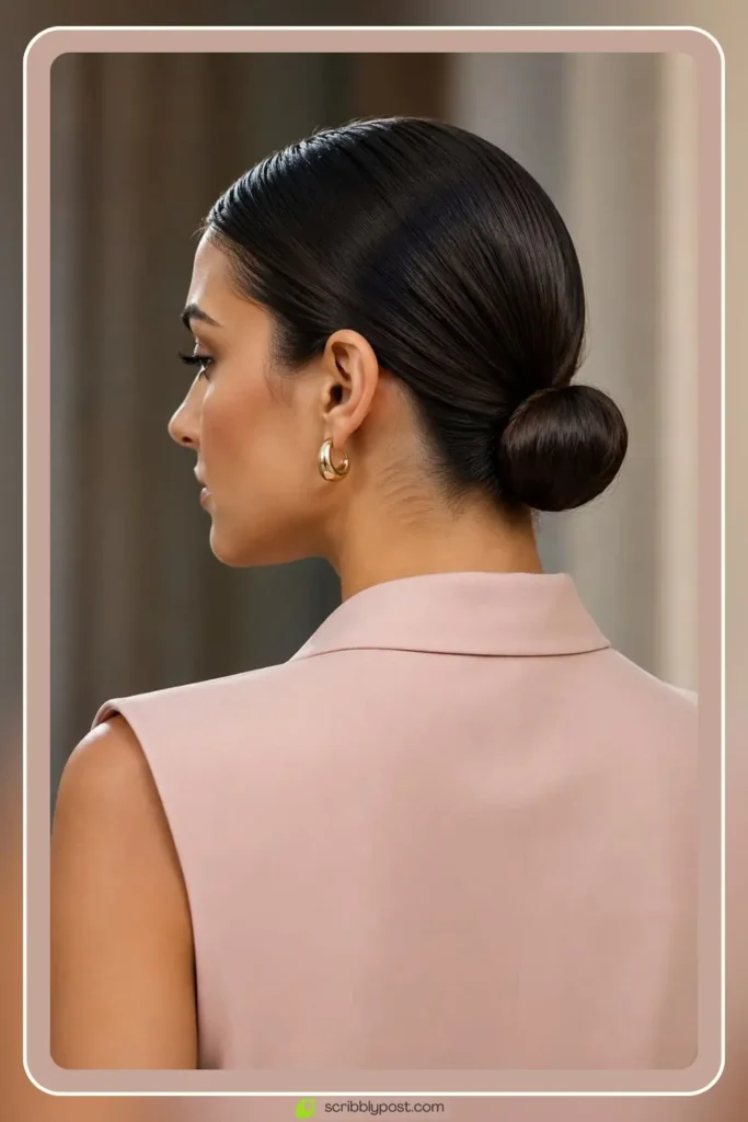 Sleek low bun hairstyle with slicked back polished finish