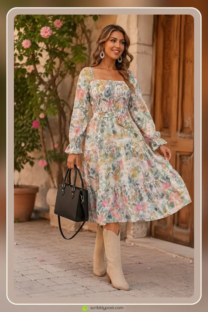 Floral dress with long sleeves in transitional style