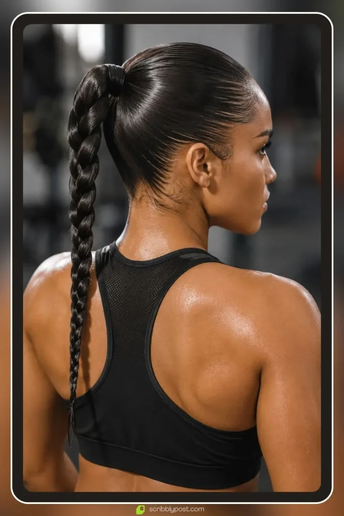 High slicked ponytail with the tail woven into a tight braid, Slicked Braided Ponytail, intense game day sporty hairstyle
