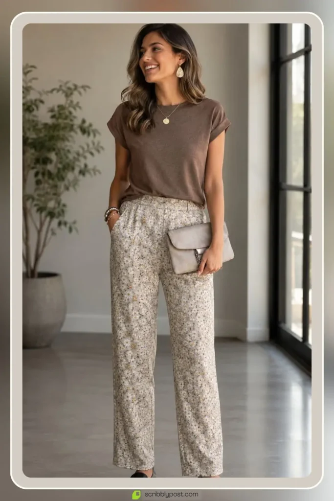 Small ditsy floral print straight leg pants casual outfit