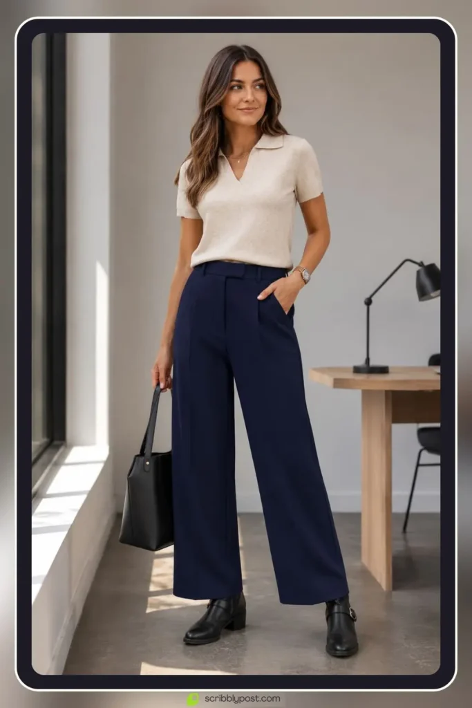 Smart casual layered outfit with structured knit and tailored pieces