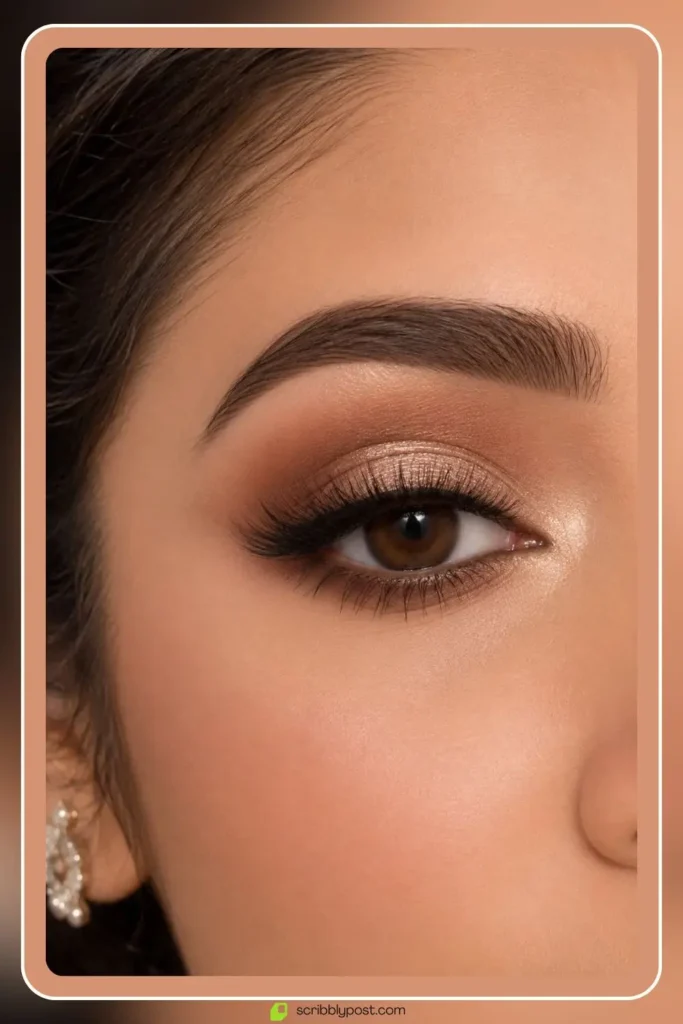 Soft glam eye makeup with warm neutral shadow and defined lash