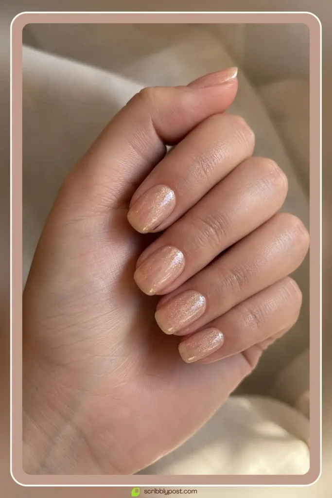 Soft gold shimmer wash on natural nails with sheer glow