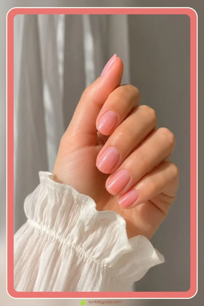 Soft pink nails with blush veil finish on short nails
