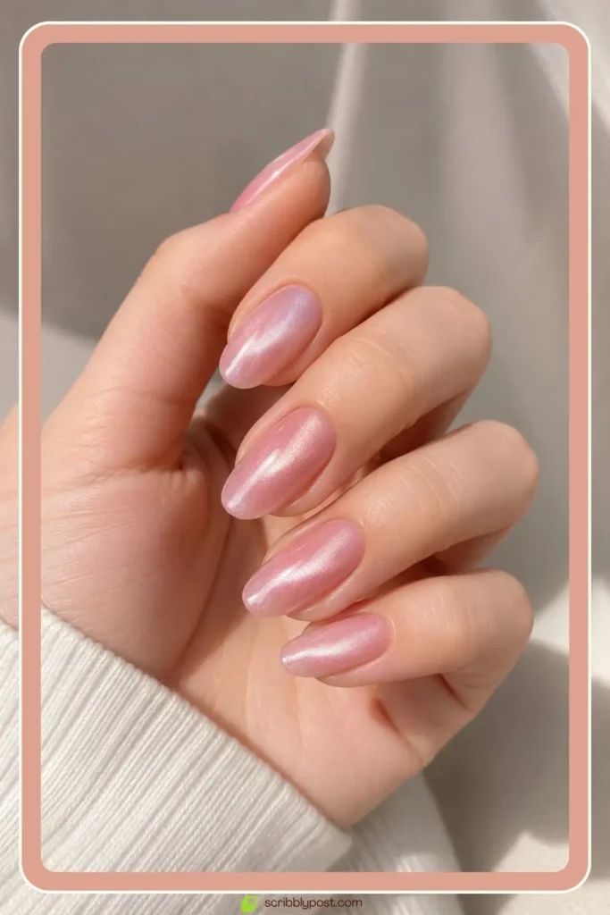Soft pink cat eye nails with gentle shimmer band on oval nails
