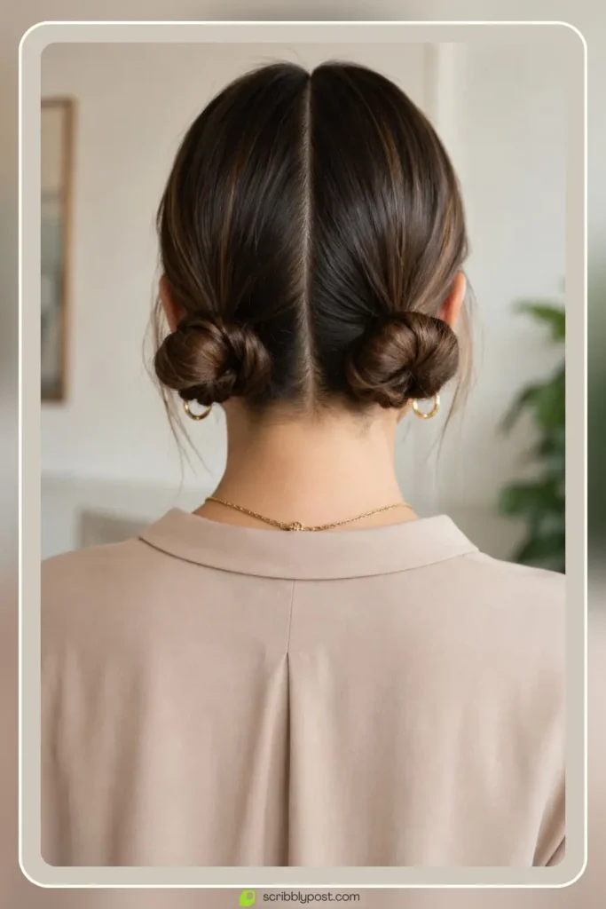 Two low buns positioned neatly for a professional edit look