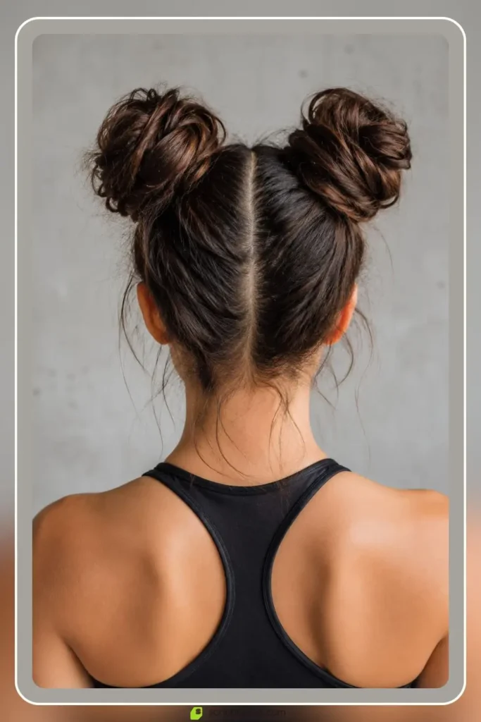 Two symmetrical high buns on either side of the crown, Space Buns, playful sporty hairstyle