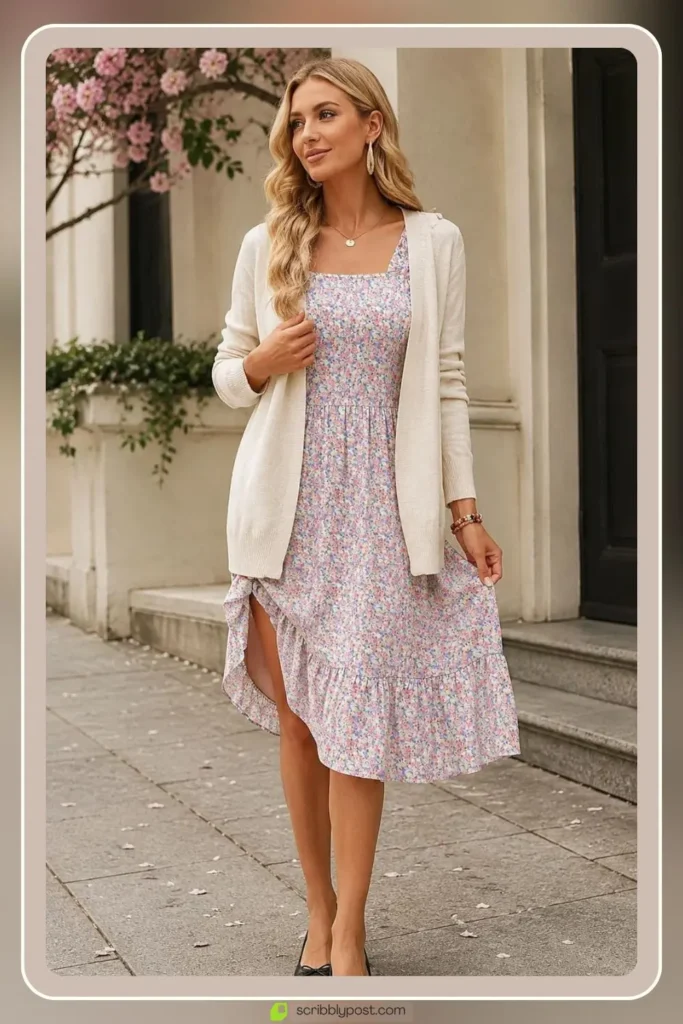 Spring floral dress with soft pastel blooms