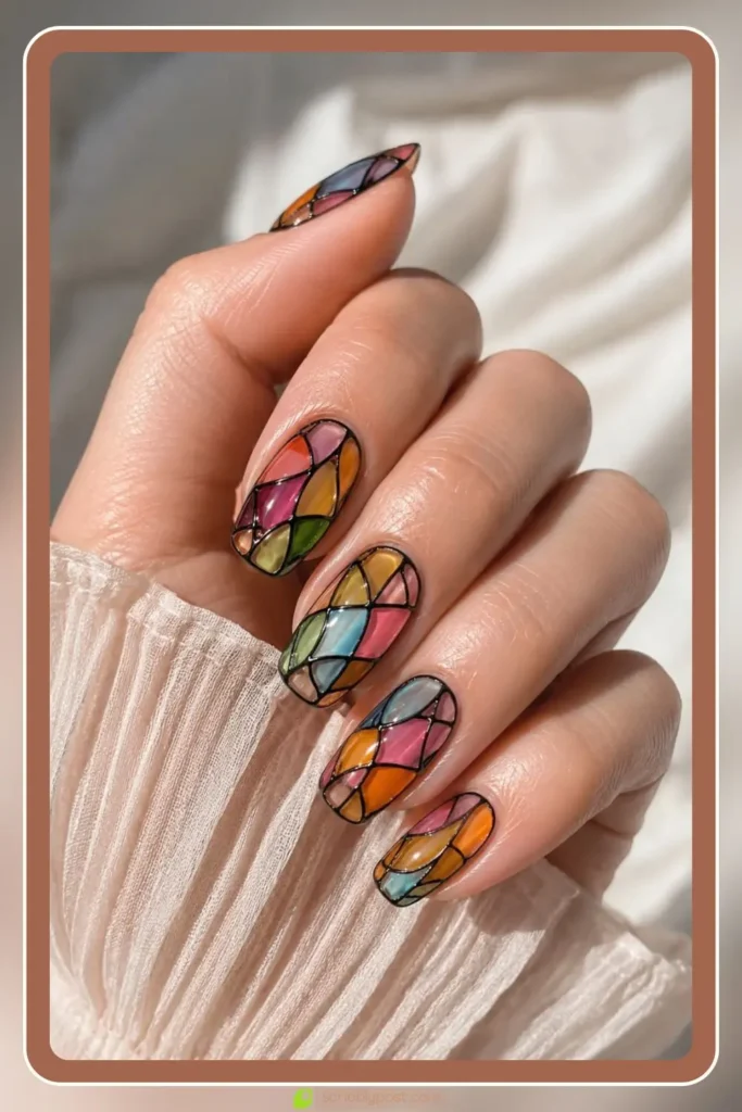 Multicolor sheer panels with black outlines stained glass nails for summer