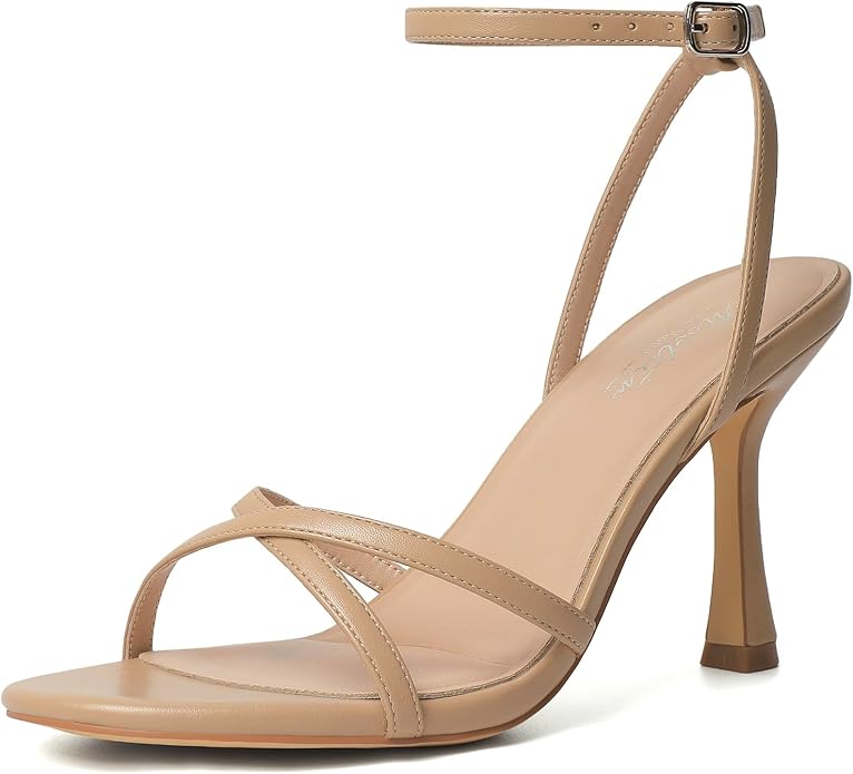 Nude strappy heeled sandals for sheer layered maxi