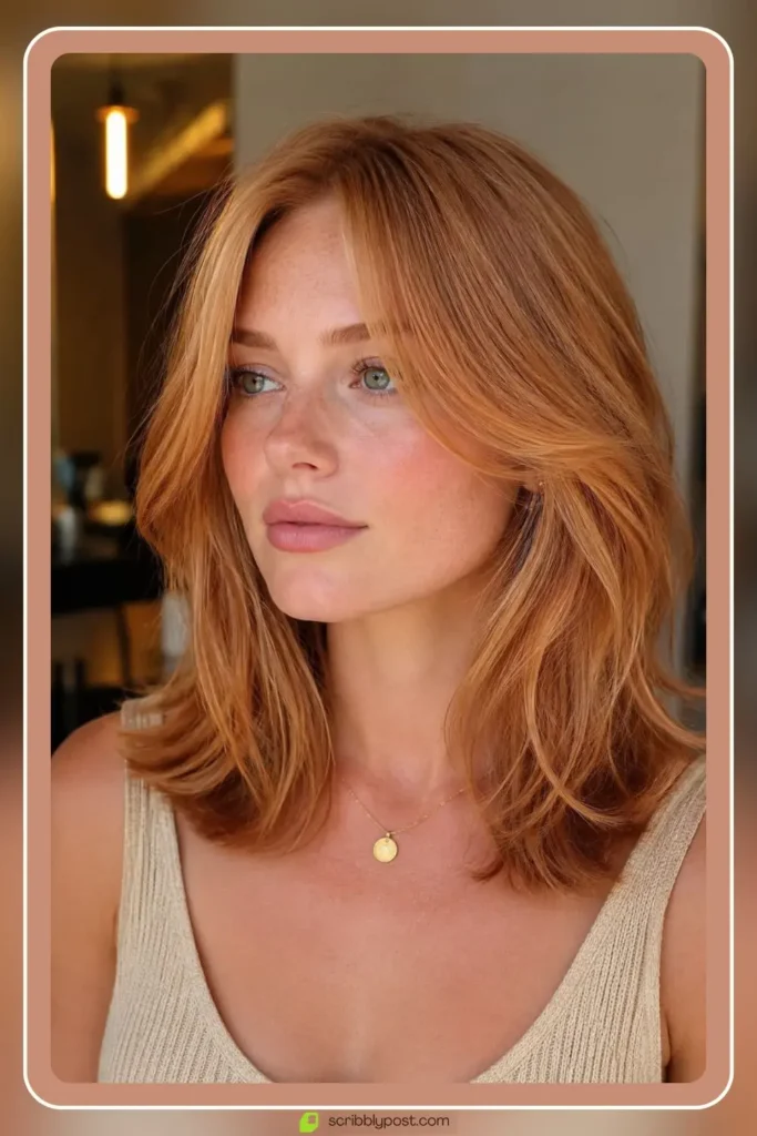 Strawberry blonde hair styles with soft red gold swing cut