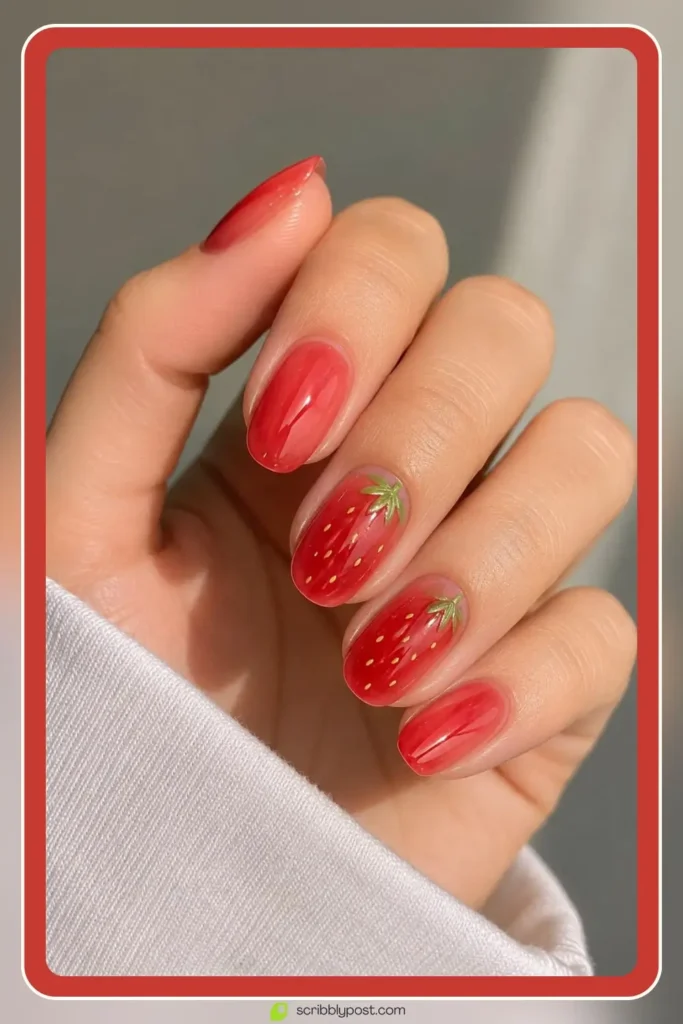 Red Nails for Every Plan: 16 Sets Sorted by the Occasion in 2026 61 Red nails with strawberry glaze and tiny seed details