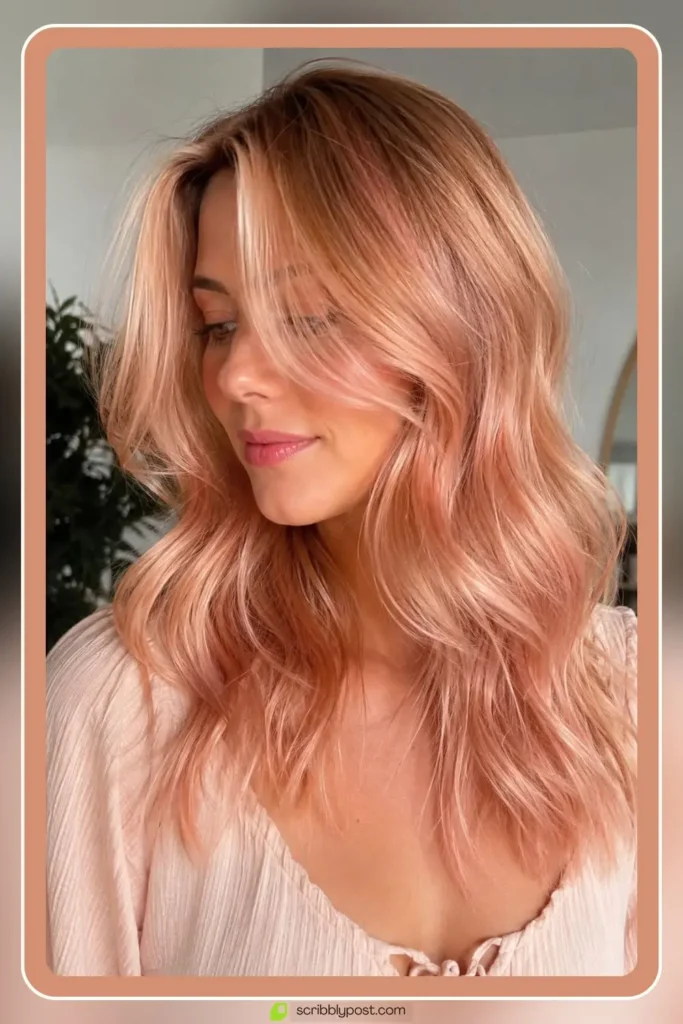 Strawberry glaze hair tint with pink gold shimmer on blonde