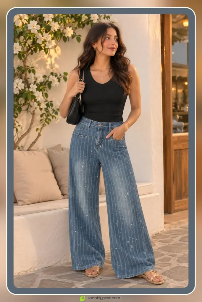 Striped sequin printed pants for vacation evening outfit