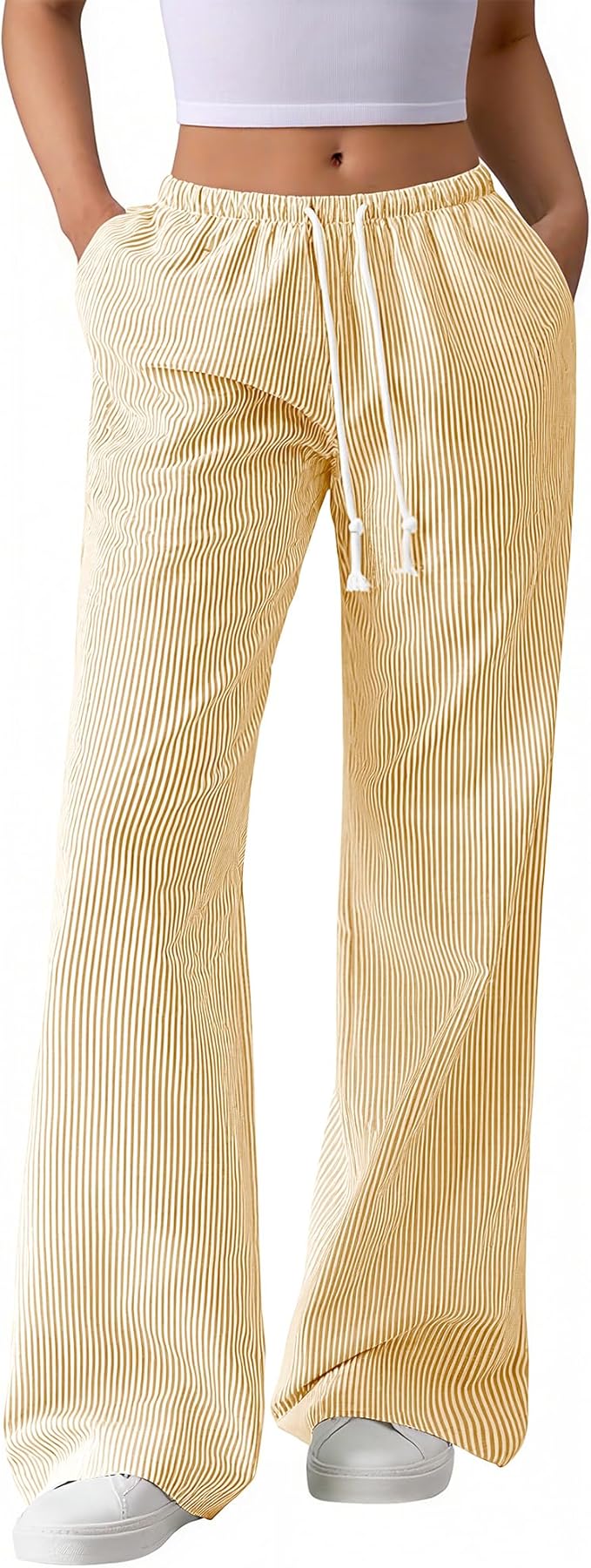 Striped yellow trousers for orange and yellow outfit