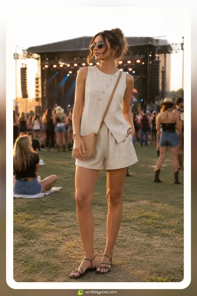 Summer concert outfit with linen matching set, strappy flat sandals, and woven crossbody bag