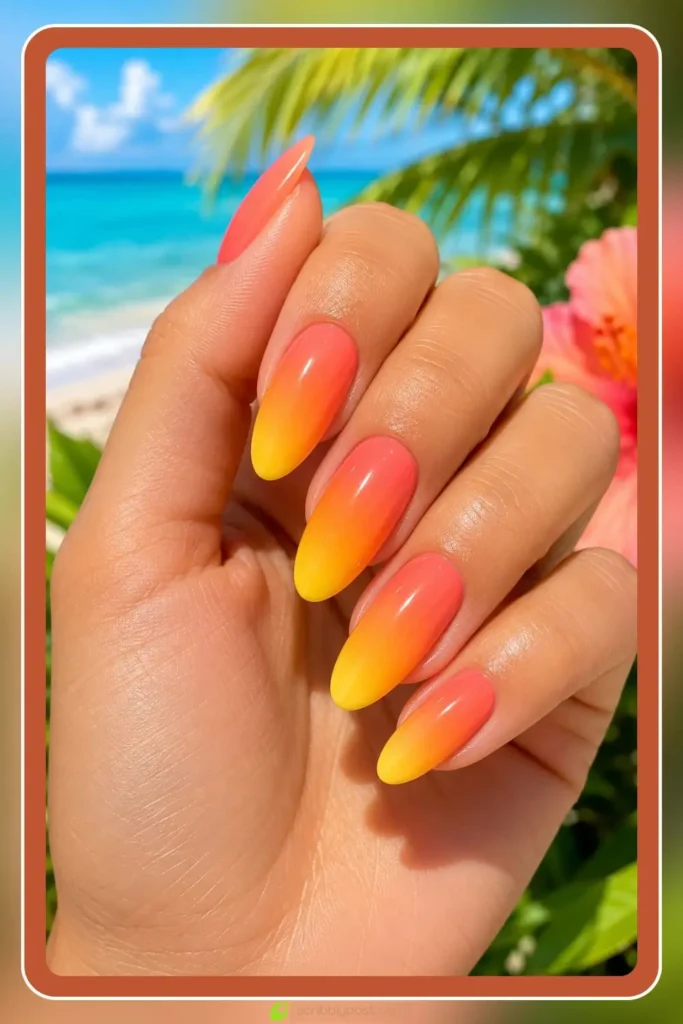 Coral to yellow bright gradient summer ombre nails vacation