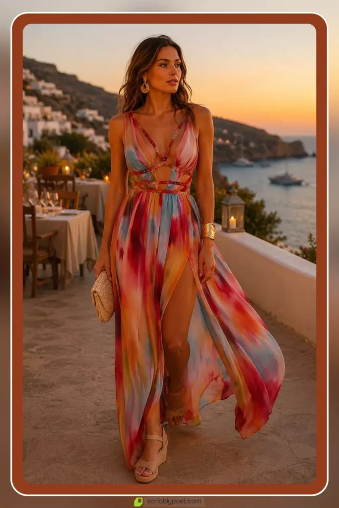 Flowy sunset dinner dress for vacation evening