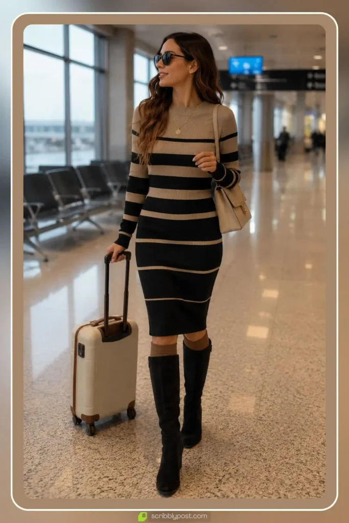 Midi sweater dress with flat knee high boots and thick socks, Sweater Dress and Knee High Boots, winter travel outfit for cold arrivals