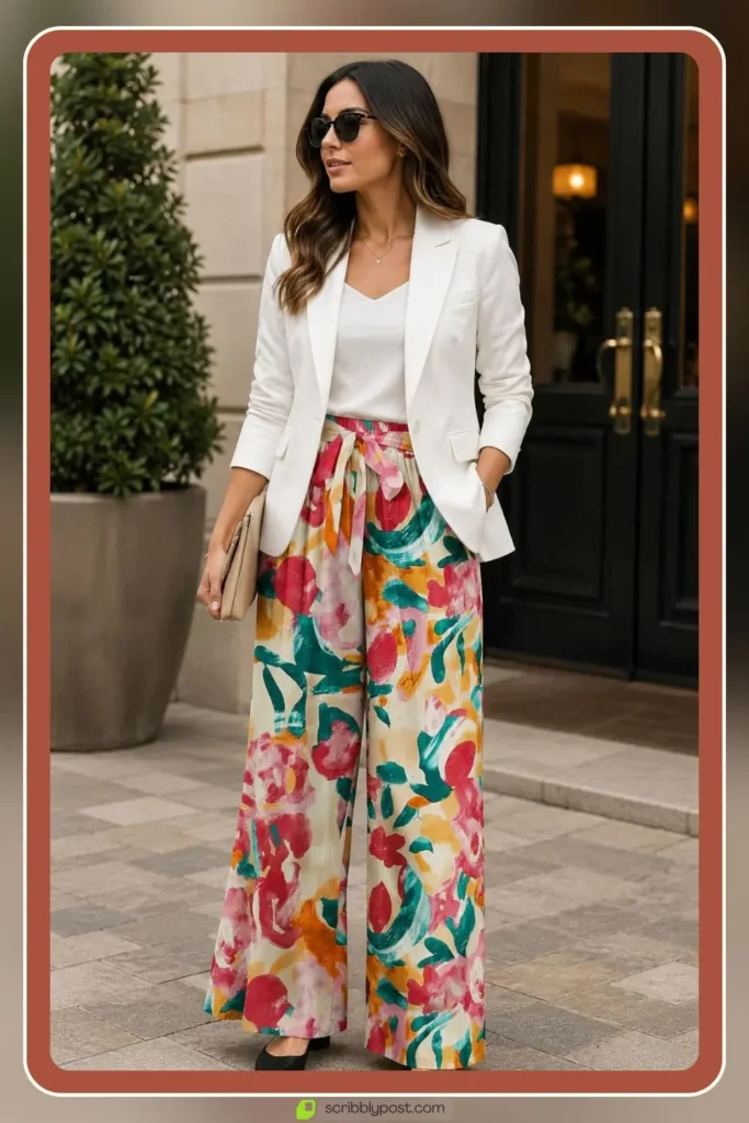 Tailored floral trouser pants with structured blazer outfit