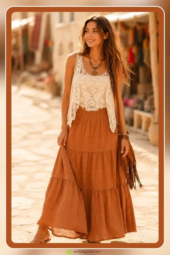 Terracotta boho outfit with layered earthy pieces