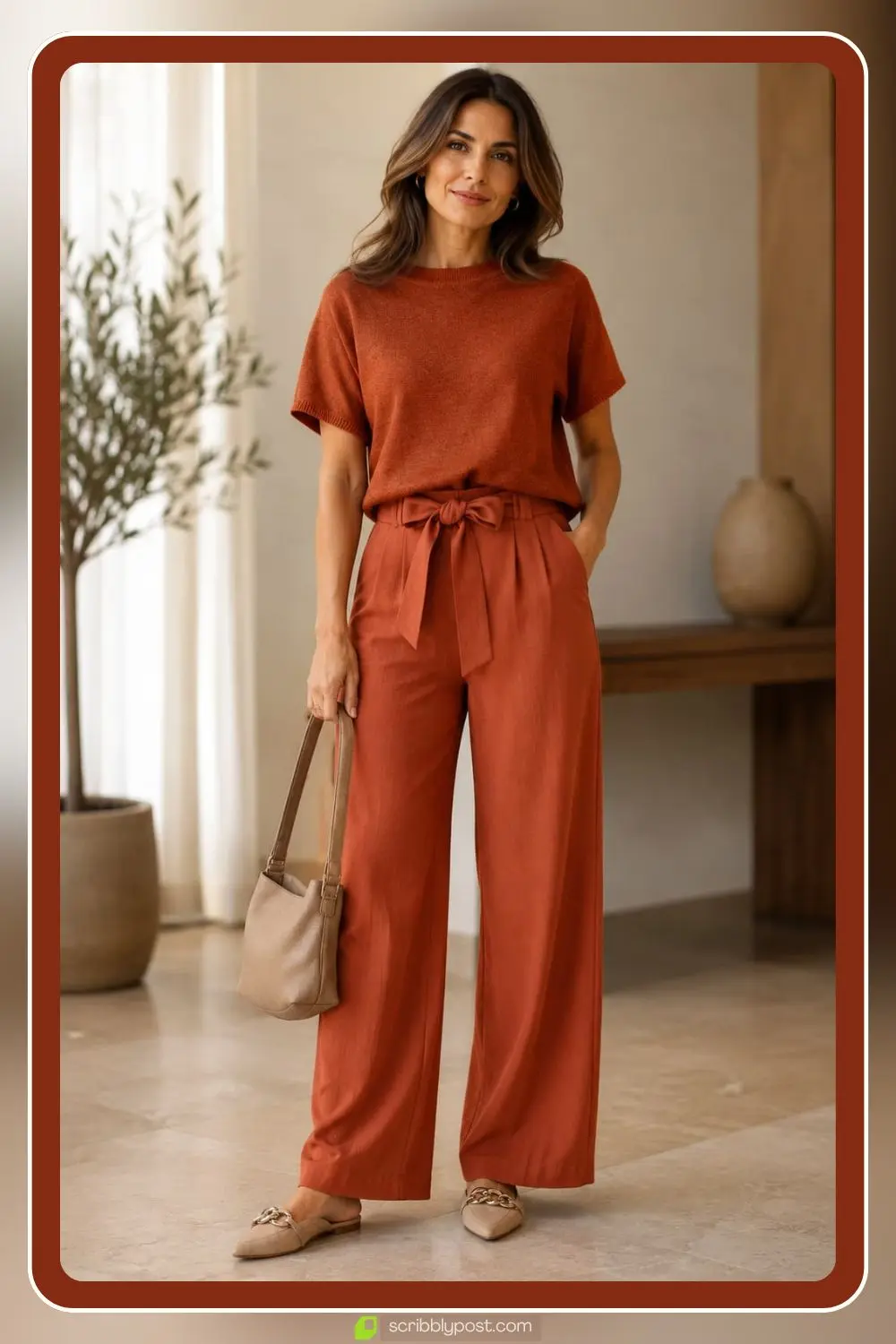 Terracotta monochrome outfit in earthy orange tones