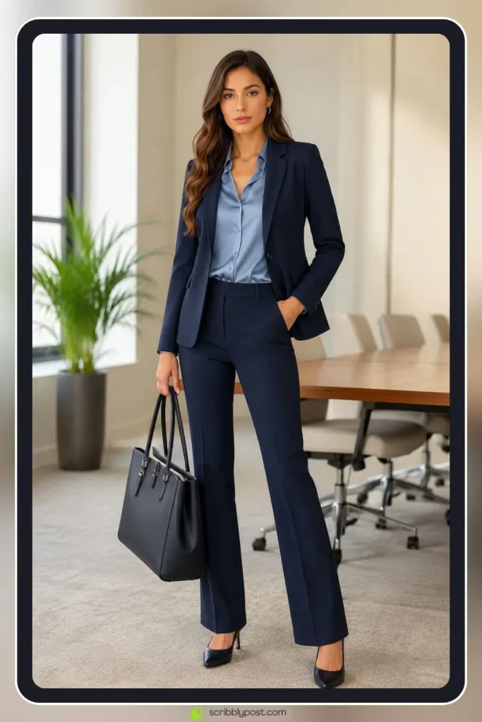 Classic navy interview suit for women with closed toe heels