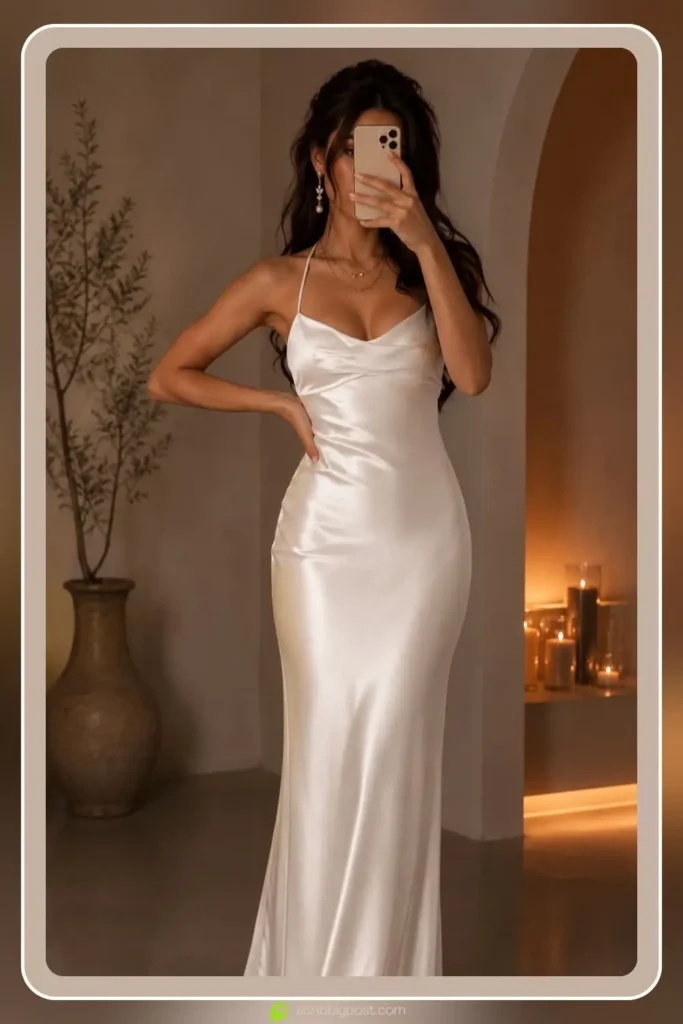 Satin slip wedding gown in minimal bias cut