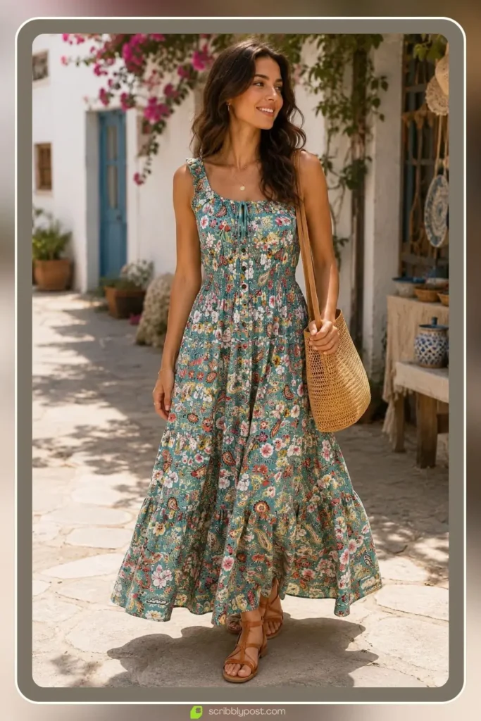 Tiered boho maxi dress in casual daytime style