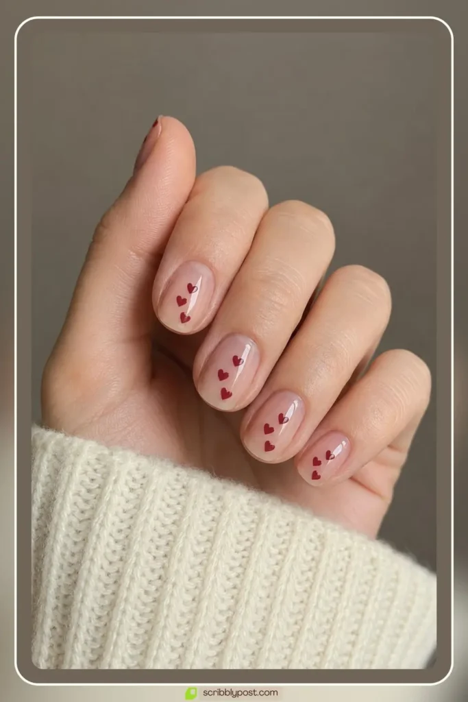 Cute burgundy nails with tiny hearts on bare base short length