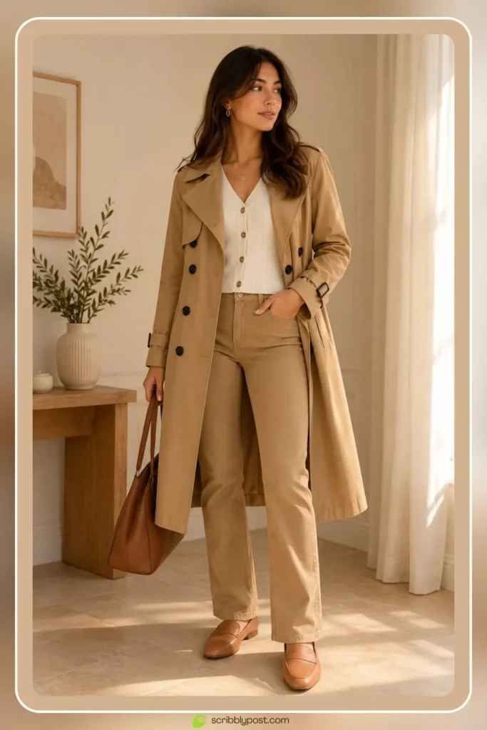 Women's trench coat outfit with classic belted camel trench over straight jeans and pointed toe leather loafers