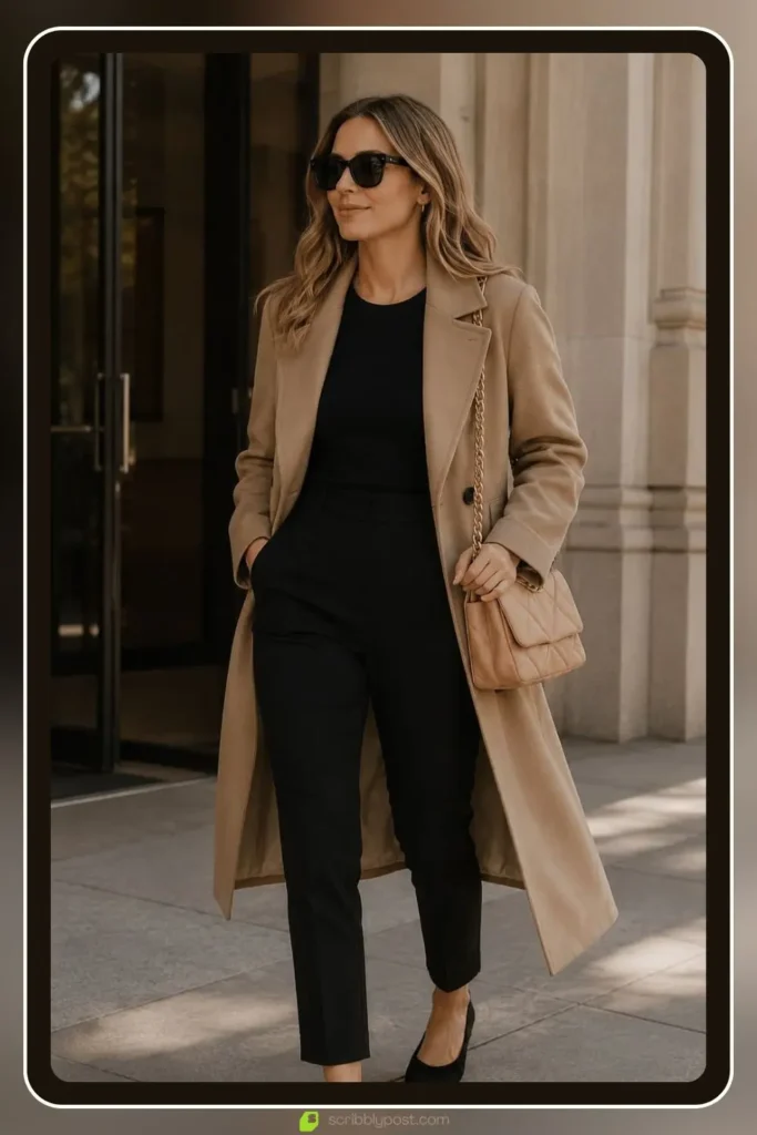 Camel trench coat worn open over black tee and tapered pants, Trench Coat Over Monochrome Basics, chic travel outfit for arrivals